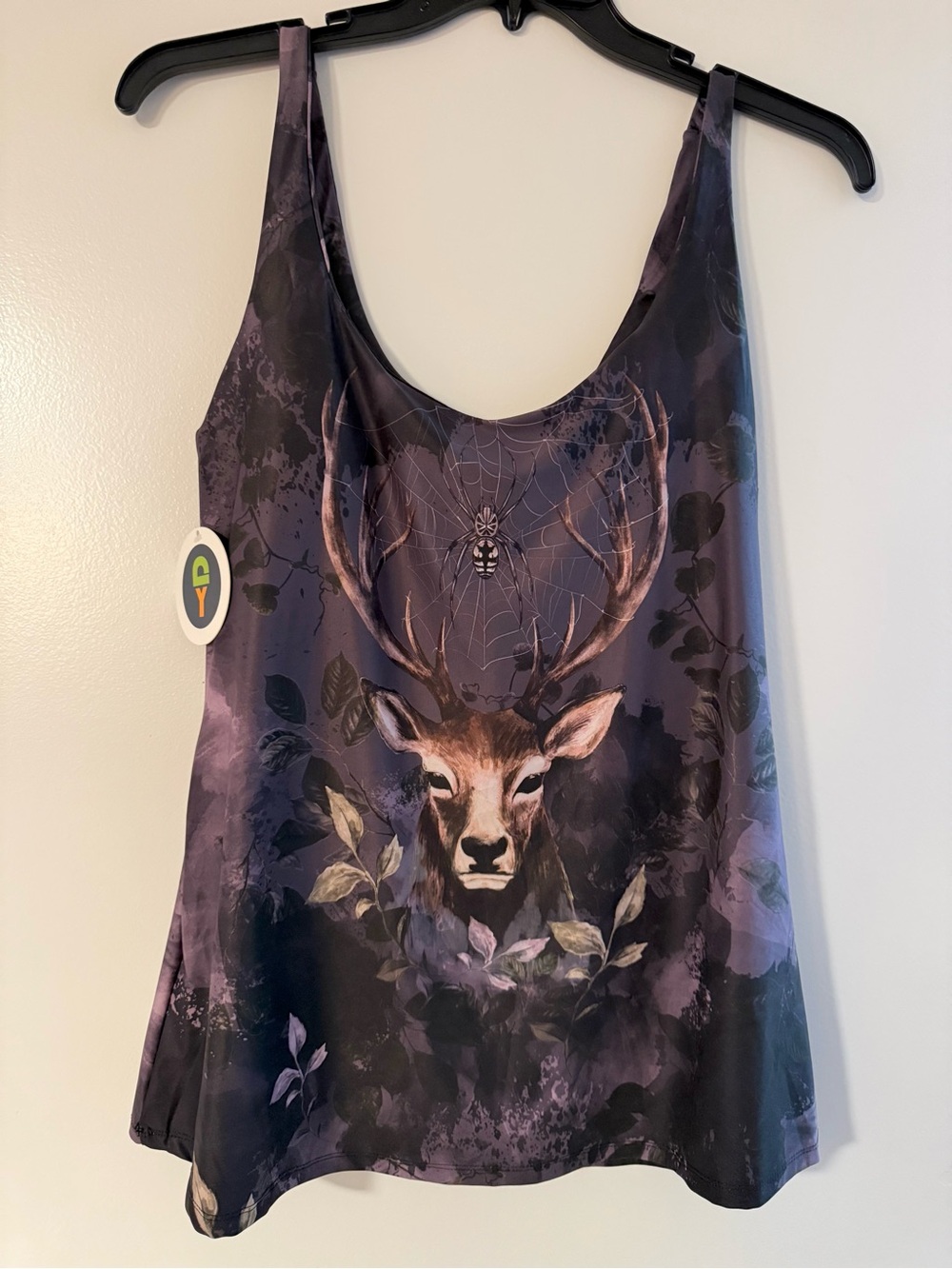 Yoga Democracy Limitless Tunic Tank w Sold Out Deer & Spider Print, Back Cut-Out
